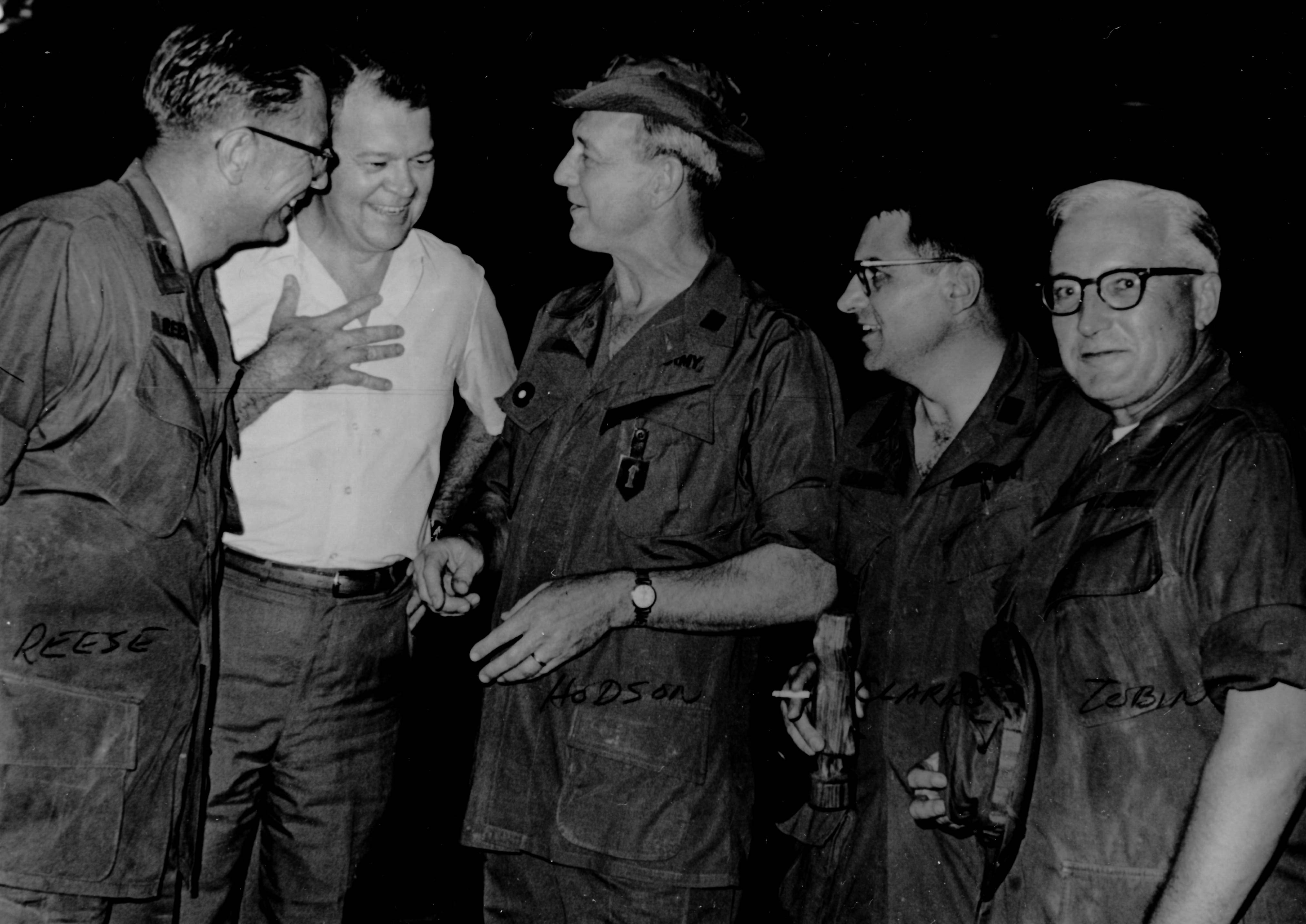 In Saigon, circa 1969, from left to right stands
        COL Tom Reese, COL John Jay Douglas, TJAG MG
        Kenneth Hodson, LTC Robert Clark, and LTC Tobin.
        LTC Clarke was the first Chief of TDS. (Photo
        courtesy of Fred Borch III)